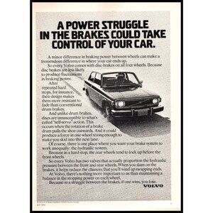 1974 Volvo 142 Coupe Vintage Print Ad Disc Brakes Skid Marks Safety Wall Art